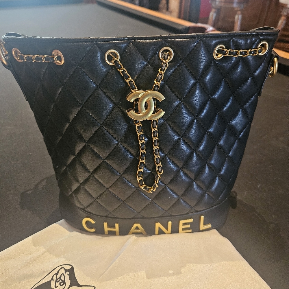 Black Quilted Chain Tote with Gold Hardware